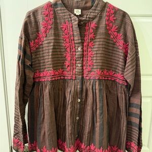 Boho Ivy jane Brown and Pink Embroidered Button Down Shirt